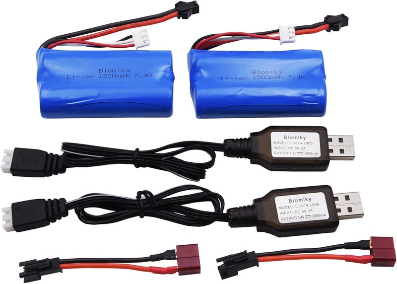 Blomiky 2 Pack 7.4V 1500mAh Li-ion Rechargeable Battery SM-2P Plug with T Adapter and USB Cable Suitable for H101 H103 H105 RC Boat RC Trucks H101 Battery & T 2 - Image 5